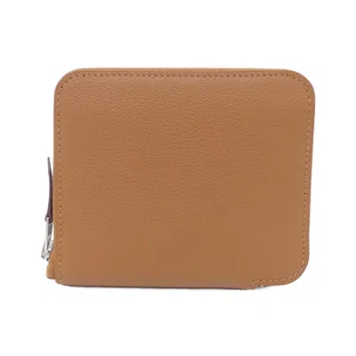 Pre-owned Hermes Gold Etoupe Gray Leather Silk Wallet (bi-fold) ()