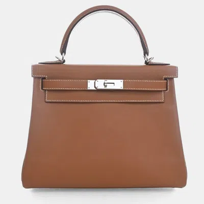 Pre-owned Hermes Gold Evercolor Verso Kelly 28 In Brown