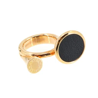 Pre-owned Hermes Gold Noir Swift Leather Band Ring ()