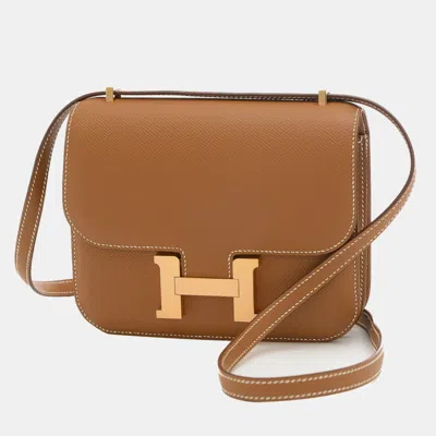 Pre-owned Hermes Gold Rose Miroir Epson Constance Engraved Shoulder Bag In Brown