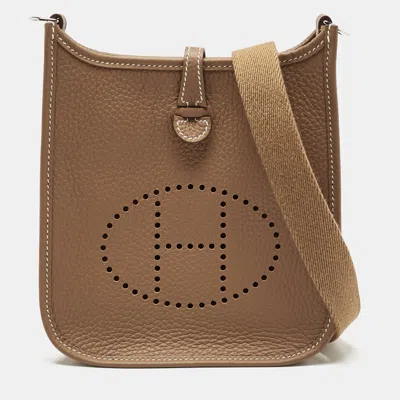 Pre-owned Hermes Gold Taurillon Clemence Leather Evelyne Tpm Bag In Brown