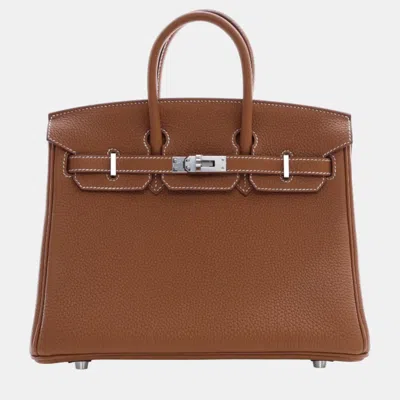 Pre-owned Hermes Gold Togo Birkin 25 Bag In Brown