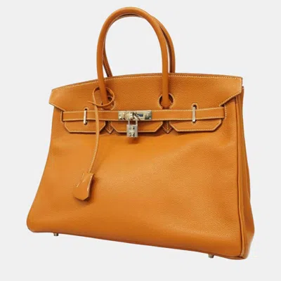 Pre-owned Hermes Gold Togo Birkin Engraved Handbag In Orange