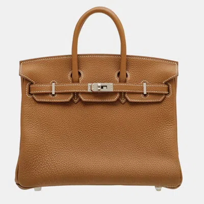 Pre-owned Hermes Gold Togo Leather Birkin 25 Bag In Brown