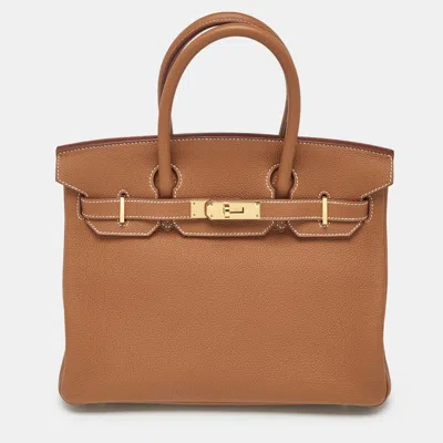 Pre-owned Hermes Gold Togo Leather Gold Finish Birkin 30 Bag In Brown