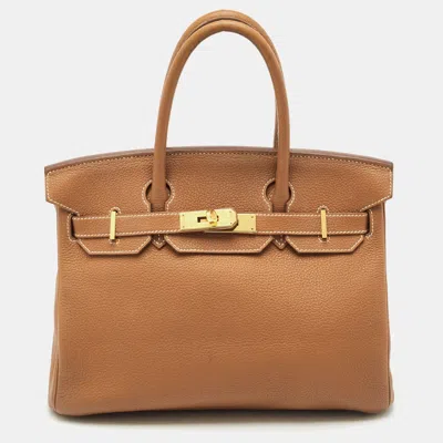 Pre-owned Hermes Gold Togo Leather Gold Finish Birkin 30 Bag In Brown