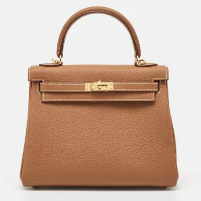 Pre-owned Hermes Hermès Gold Togo Leather Gold Finish Kelly Retourne 25 Bag In Brown
