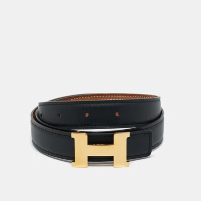 Pre-owned Hermes Gold/noir Epsom And Swift Leather Constance Reversible Slim Belt 80 Cm In Brown