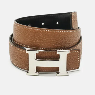 Pre-owned Hermes Gold/noir Togo And Box Leather H Buckle Reversible Belt 85 Cm In Brown