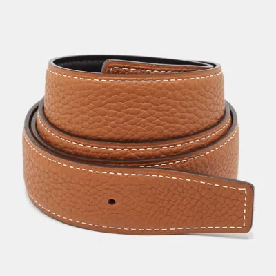 Pre-owned Hermes Gold/noir Togo And Box Leather Reversible Belt Strap 90 Cm In Brown