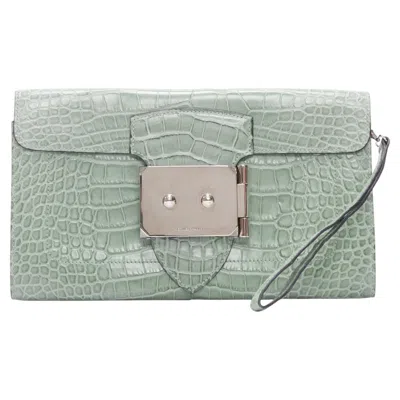 Pre-owned Hermes Goodlock Porosus Mint Green Scaled Leather Phw Push Clasp Wrist Clutch