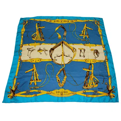 Pre-owned Hermes Gorgeous Blue Sellier Silk Scarf, Handcrafted, 34" X 34", France