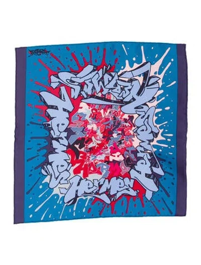 Pre-owned Hermes Graffiti Pocket Square Silk Scarf In Blue