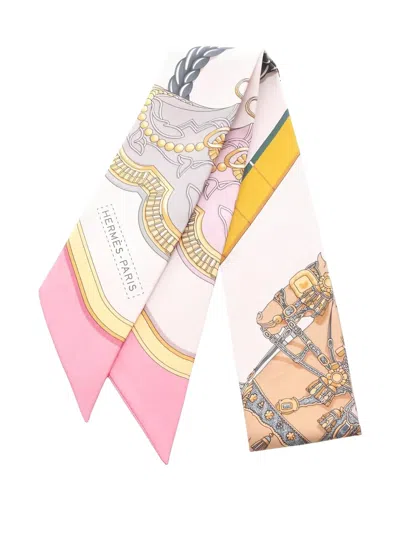 Pre-owned Hermes Grand Apparat Ribbon Silk Scarf In Pink