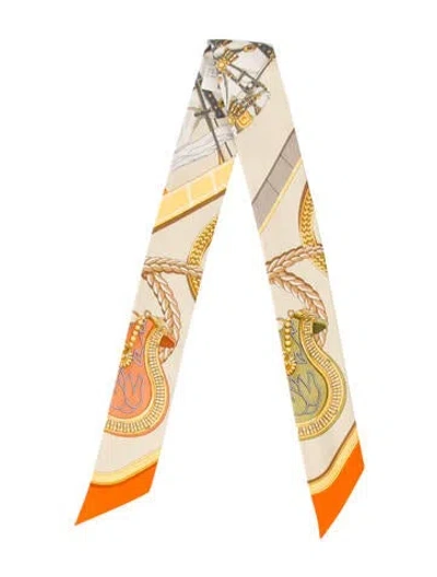 Pre-owned Hermes Grand Apparat Silk Twilly Scarf In Neutral