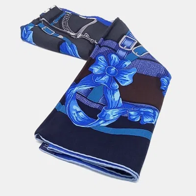Pre-owned Hermes Grand Manege Cut Maxi-twilly Black Blue Cashmere Silk Shawl And Scarf