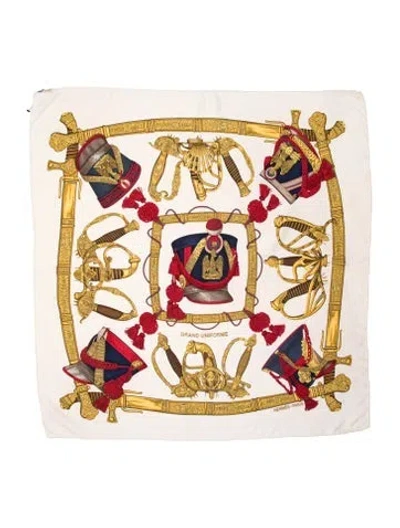 Pre-owned Hermes Grand Uniforme Silk Scarf In White