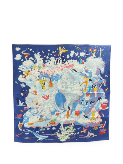 Pre-owned Hermes Graphic-print Scarf In Blue