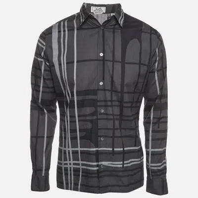 Pre-owned Hermes Hermès Gray Abstract Plaid Print Cotton Long Sleeve Shirt M In Grey