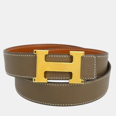 Pre-owned Hermes Brown/gray Epsom Swift Small Reversible Constance Belt Size 90