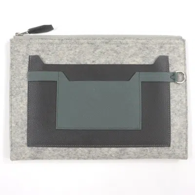 Pre-owned Hermes Gray Felt Leather Clutch Bag Pouch ()