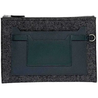 Pre-owned Hermes Gray Green Navy Felt Leather Epsom Leather Clutch Bag Handbag () In Gray, Green, Navy