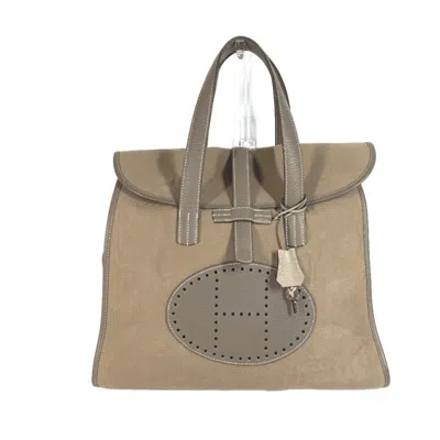 Pre-owned Hermes Gray Leather Canvas Boston Bag Handbag Tote Bag ()