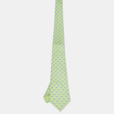 Pre-owned Hermes Hermès Green Cats And Mice Print Silk Tie