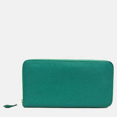 Pre-owned Hermes Green Chevre Myzore Leather Azap Long Wallet