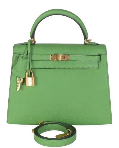 Pre-owned Hermes Hermès Green Epsom Sellier Leather Kelly 25 Ghw (authentic Pre-loved)
