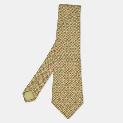 Pre-owned Hermes Hermès Green Geometric Shape Print Silk Traditional Tie