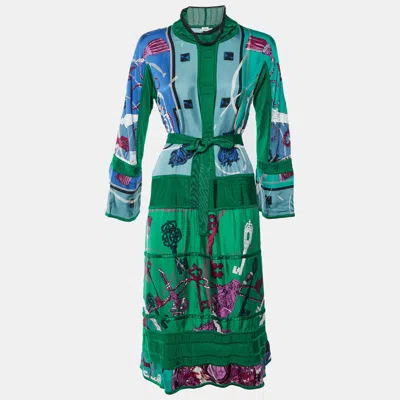 Pre-owned Hermes Green Key Print Silk Twill And Knit Midi Dress S