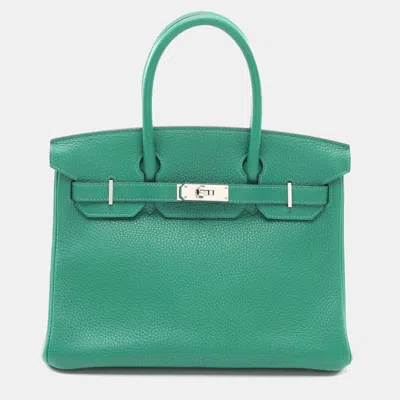 Pre-owned Hermes Green Khaki Clemence Leather Silver Hardware Verso Birkin 30
