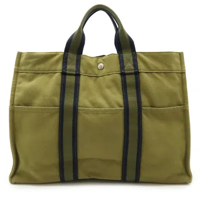Pre-owned Hermes Green Khaki Navy Canvas Handbag Tote Bag ()