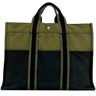 Pre-owned Hermes Green Khaki Navy Canvas Tote Bag ()