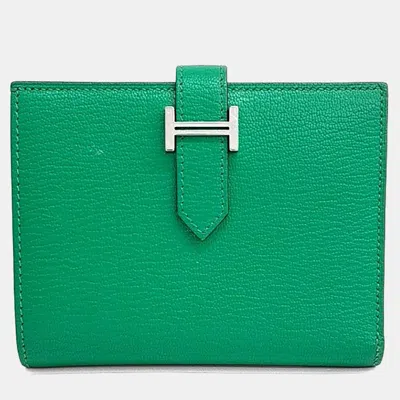 Pre-owned Hermes Green Leather Bean Half Wallet (k)