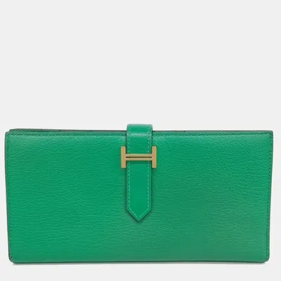 Pre-owned Hermes Green Leather Bean Long Wallet (u)
