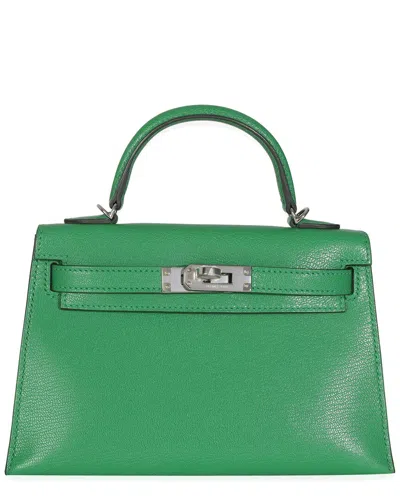 Pre-owned Hermes Hermès Green Leather Chamkila Chevre Bamboo Mini Sellier Kelly 20 Ii Phw  (authentic Pre-loved)