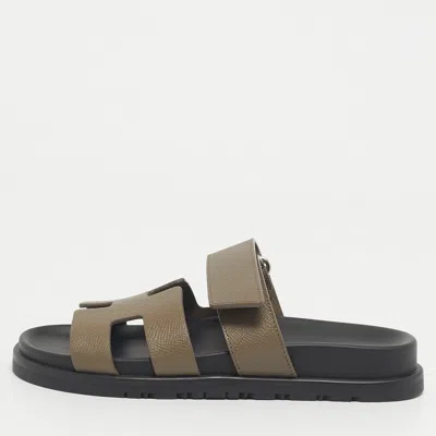Pre-owned Hermes Green Leather Chypre Slide Sandals Size 34
