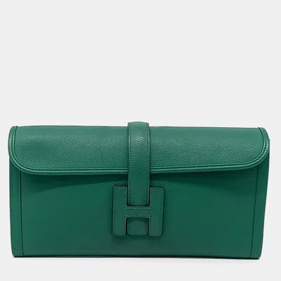 Pre-owned Hermes Green Leather Jige Clutch