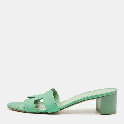 Pre-owned Hermes Green Leather Oasis Slide Sandals Size 38.5