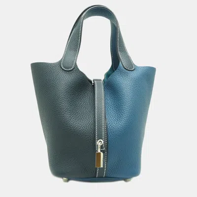 Pre-owned Hermes Green Leather Picotin Lock Pm Bag In Blue
