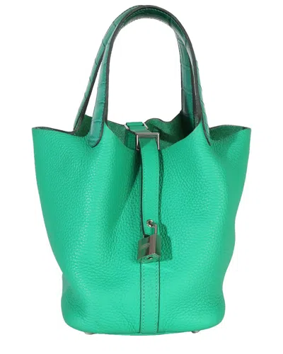 Hermes Hermès Green Leather Vert Jade Menthe Clemence Matte Alligator Touch Picotin  Lock 18 Phw (authentic