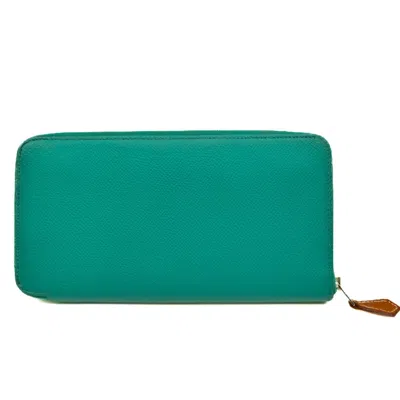 Pre-owned Hermes Green Light Blue Epsom Leather Silk Long Wallet (bi-fold) ()
