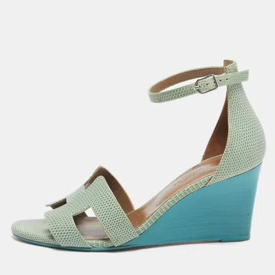 Pre-owned Hermes Green Lizard Leather Legend Wedge Ankle Strap Sandals Size 37