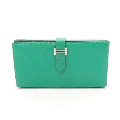 Pre-owned Hermes Green Mint Green Chevre Leather Leather Long Wallet (bi-fold) () In Green, Mint Green