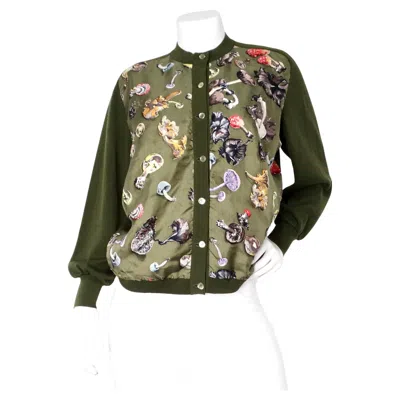 Pre-owned Hermes Green Mushroom Print Silk & Wool Cardigan Circa 1980s