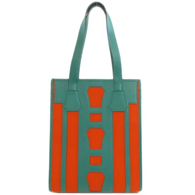 Pre-owned Hermes Green Orange Canvas Leather Tote Bag ()