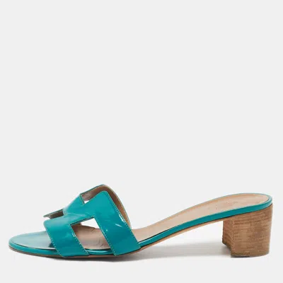 Pre-owned Hermes Green Patent Leather Oasis Slide Sandals Size 40