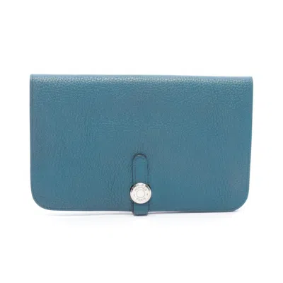 Pre-owned Hermes Green Taurillon Clemence Leather Long Wallet (bi-fold) ()